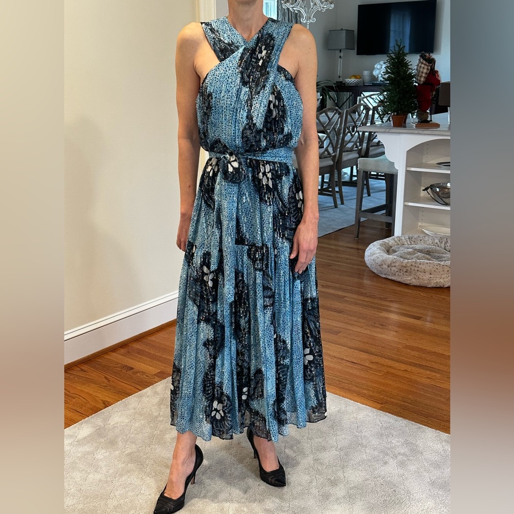 Ulla Johnson Silk Cocktail Dress Blue & Metallic Sleeveless V-Neck Conc Zip Sz 4 - Picture 5 of 12